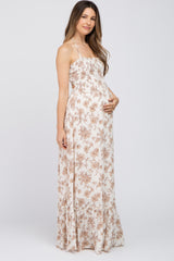 Beige Floral Smocked Halter Back Cutout Maternity Maxi Dress