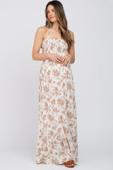 Beige Floral Smocked Halter Back Cutout Maternity Maxi Dress