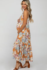 Peach Floral Square Neck Ruffle Tiered Maternity Midi Dress