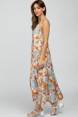 Peach Floral Square Neck Ruffle Tiered Midi Dress