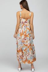 Peach Floral Square Neck Ruffle Tiered Midi Dress