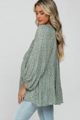 Mint Green Floral Ruffle Neck Front Tie Maternity Top