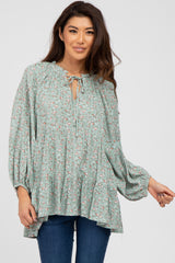 Mint Green Floral Ruffle Neck Front Tie Maternity Top