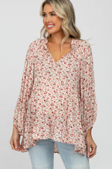 Peach Floral Ruffle Neck Front Tie Maternity Top