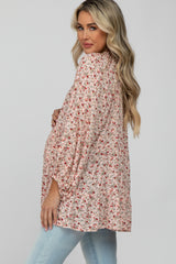 Peach Floral Ruffle Neck Front Tie Maternity Top