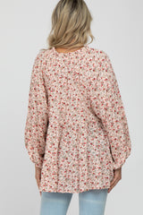 Peach Floral Ruffle Neck Front Tie Maternity Top