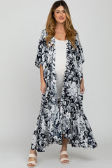 Navy Blue Floral Ruffle Hem Long Maternity Cover Up