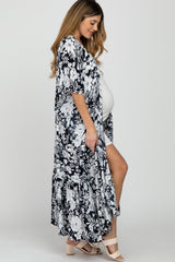 Navy Blue Floral Ruffle Hem Long Maternity Cover Up