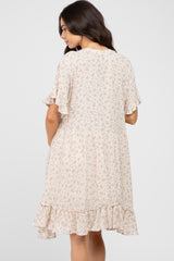 Beige Floral Short Sleeve Ruffle Hem Maternity Dress