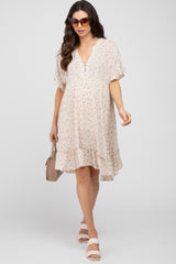 Beige Floral Short Sleeve Ruffle Hem Maternity Dress