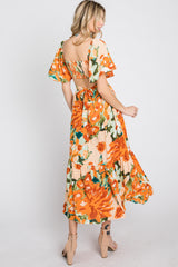 Multi-Color Floral Ruffle Sleeve Back Cutout Midi Dress