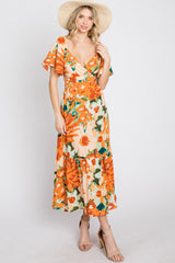 Multi-Color Floral Ruffle Sleeve Back Cutout Midi Dress