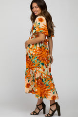 Multi-Color Floral Ruffle Sleeve Back Cutout Maternity Midi Dress