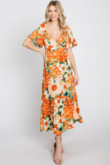 Multi-Color Floral Ruffle Sleeve Back Cutout Midi Dress