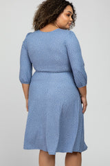 Blue Ribbed Polka Dot Waist Tie Maternity Plus Midi Dress