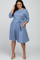 Blue Ribbed Polka Dot Waist Tie Plus Midi Dress