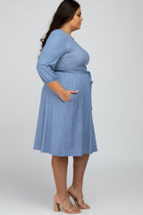 Blue Ribbed Polka Dot Waist Tie Plus Midi Dress