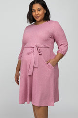 Mauve Ribbed Polka Dot Waist Tie Maternity Plus Midi Dress