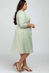 Mint Green Ribbed Polka Dot Waist Tie Plus Midi Dress