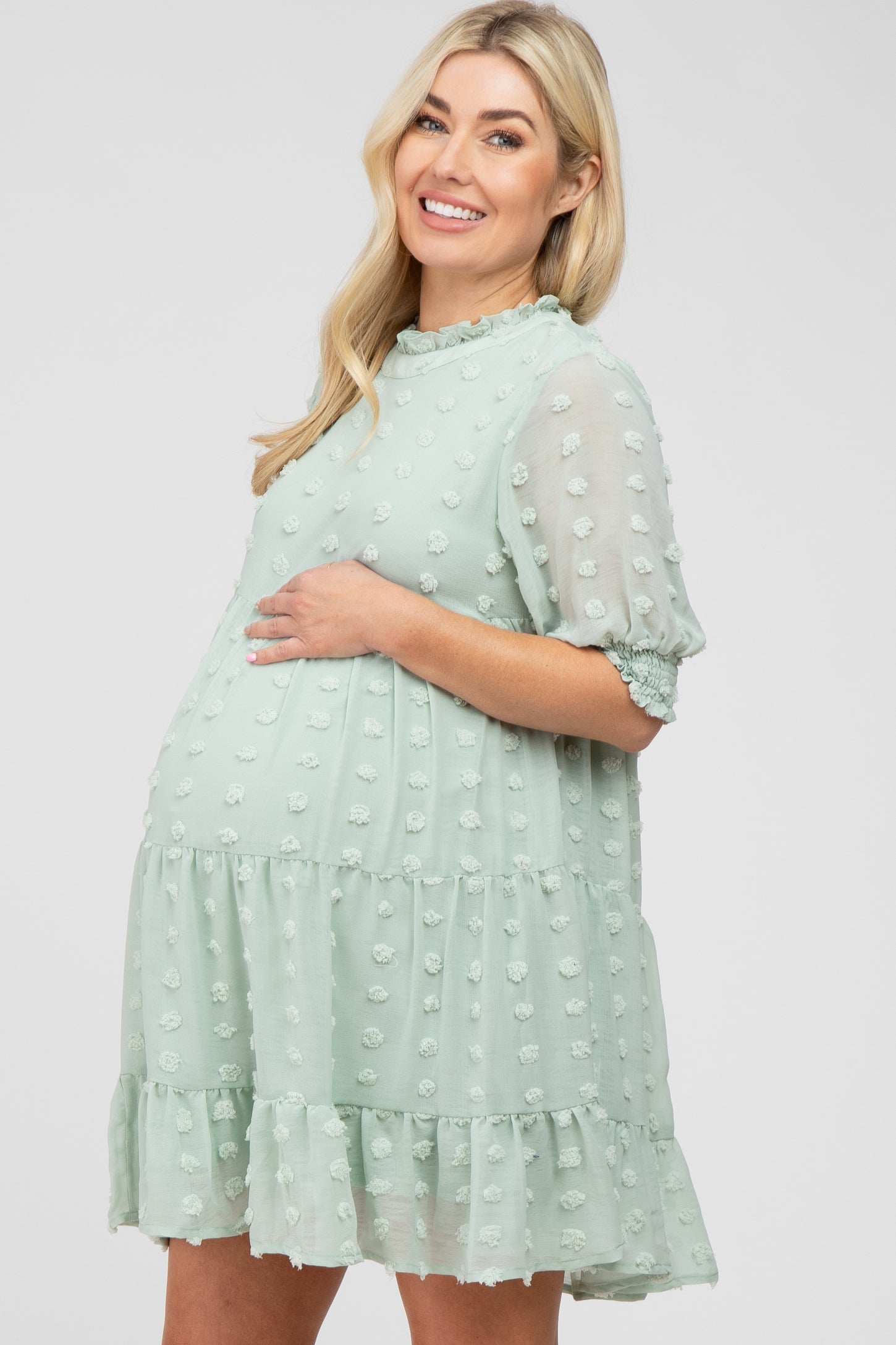 Mint Swiss Dot Tiered Maternity Dress