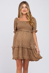 Taupe Spotted Square Neck Smocked Ruffle Maternity Dress