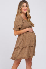 Taupe Spotted Square Neck Smocked Ruffle Maternity Dress