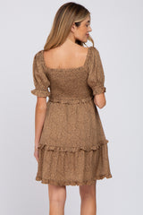 Taupe Spotted Square Neck Smocked Ruffle Maternity Dress