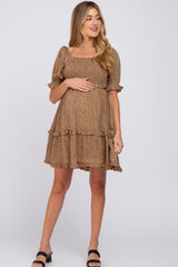 Taupe Spotted Square Neck Smocked Ruffle Maternity Dress