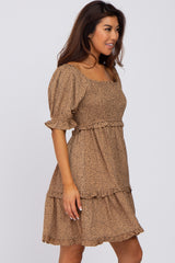 Taupe Spotted Square Neck Smocked Ruffle Dress