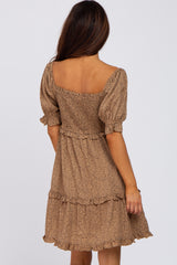 Taupe Spotted Square Neck Smocked Ruffle Dress