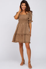 Taupe Spotted Square Neck Smocked Ruffle Dress