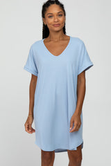 Light Blue Ribbed V-Neck Cuffed Sleeve Round Hem Maternity Dress