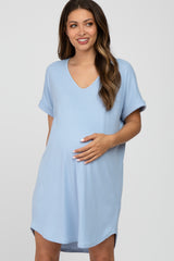 Light Blue Ribbed V-Neck Cuffed Sleeve Round Hem Maternity Dress