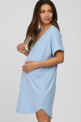 Light Blue Ribbed V-Neck Cuffed Sleeve Round Hem Maternity Dress