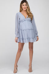 Light Blue Chiffon Ruffle Tiered Open Back Maternity Dress