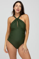 Olive Knot Front Back Cutout One Piece Maternity Swimsuit