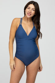 Blue Ruched Side Strappy Cross Back Maternity One Piece Swimsuit