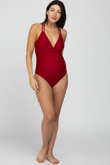 Red Ruched Side Strappy Cross Back Maternity One Piece Swimsuit