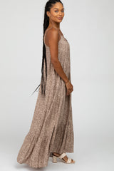 Brown Chevron Striped Ruffle Hem Maxi Dress