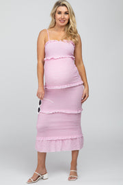 Pink Gingham Print Smocked Maternity Maxi Dress