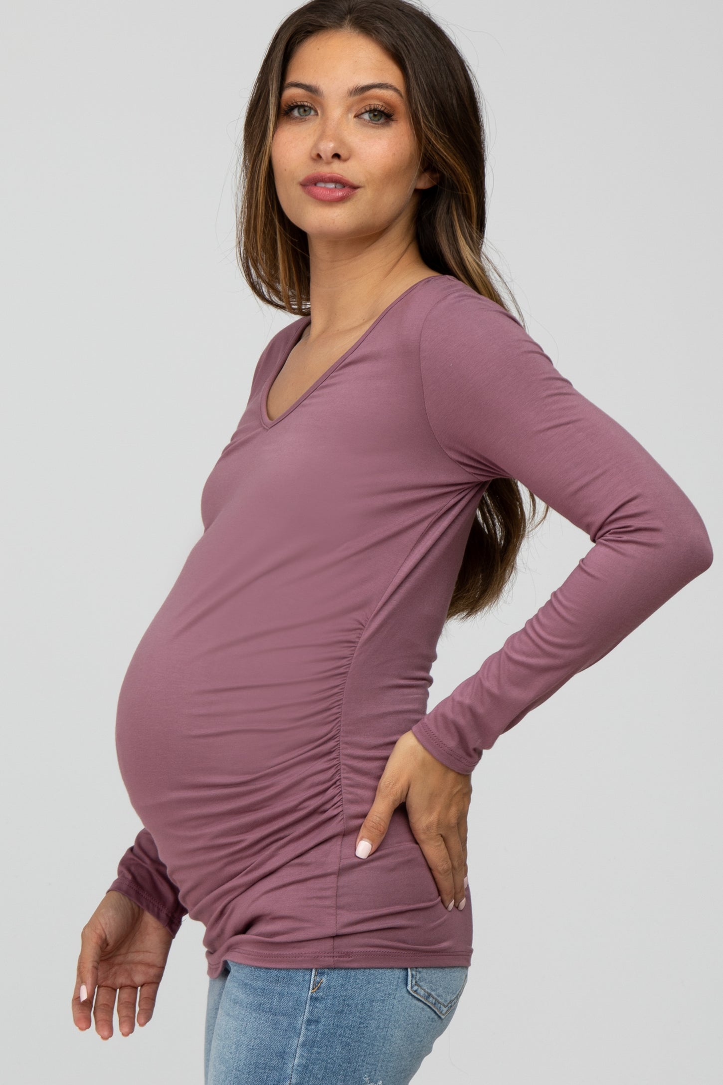 Mauve Long Sleeve Fitted Ruched Maternity Top