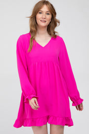 Fuchsia Ruffle Trim Long Sleeve Dress