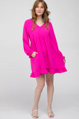 Fuchsia Ruffle Trim Long Sleeve Dress