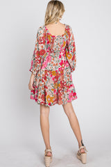 Pink Floral 3/4 Sleeve Tiered Dress