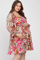 Pink Floral Ruffle Off Shoulder Maternity Plus Dress