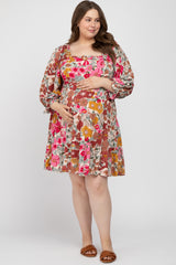 Pink Floral Ruffle Off Shoulder Maternity Plus Dress