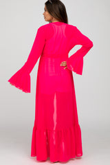 Fuchsia Bell Sleeve Ruffle Hem Tie Front Maternity Cover Up