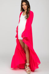 Fuchsia Bell Sleeve Ruffle Hem Tie Front Maternity Cover Up