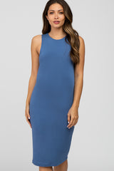 Blue Fitted Sleeveless Maternity Dress