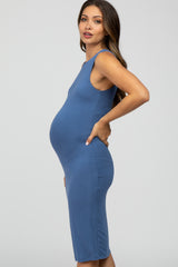 Blue Fitted Sleeveless Maternity Dress